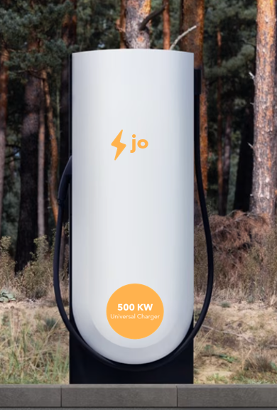 A Charjo-branded DC fast charging unit installed at a wooded roadside site